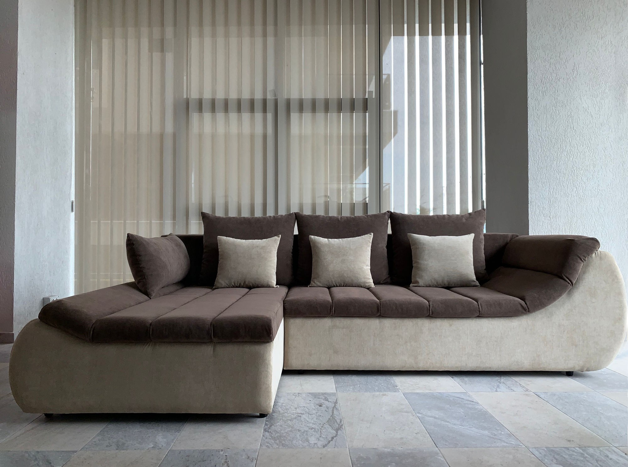 Coltar living extensibil pe dreapta Florence, cu lada, maro + crem, 280 x 170 x 75 cm 1