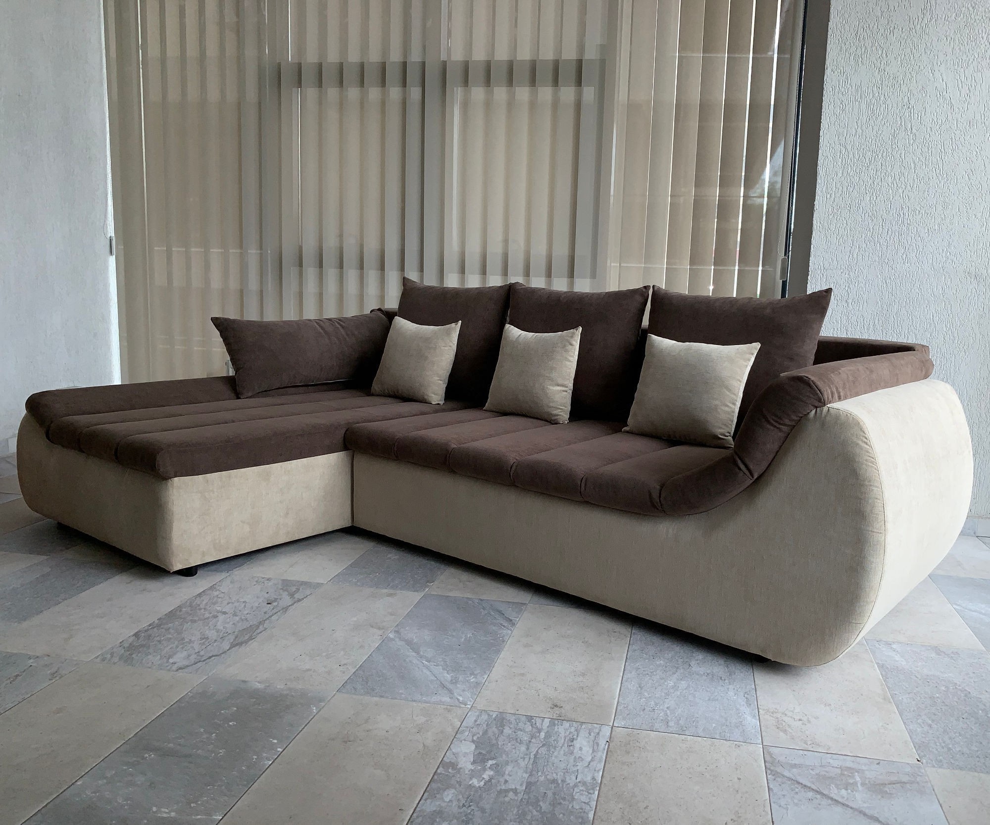 Coltar living extensibil pe dreapta Florence, cu lada, maro + crem, 280 x 170 x 75 cm 2