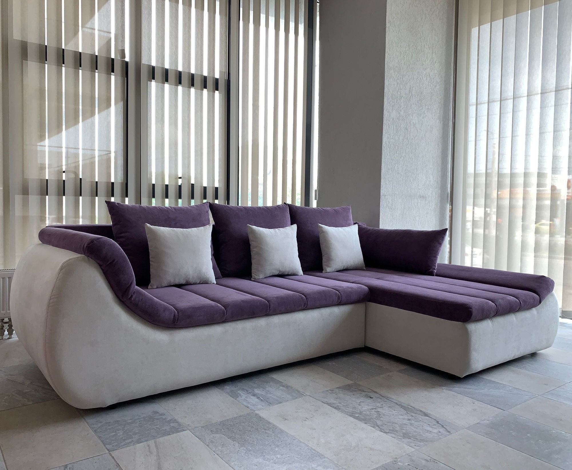 Coltar living extensibil pe stanga Florence, cu lada, mov + crem, 280 x 170 x 75 cm 3