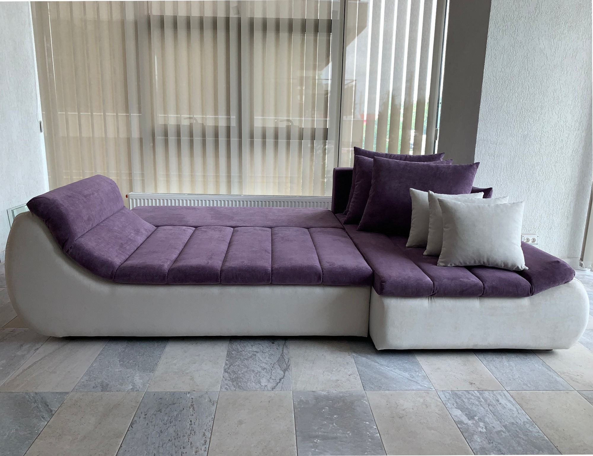 Coltar living extensibil pe stanga Florence, cu lada, mov + crem, 280 x 170 x 75 cm 4